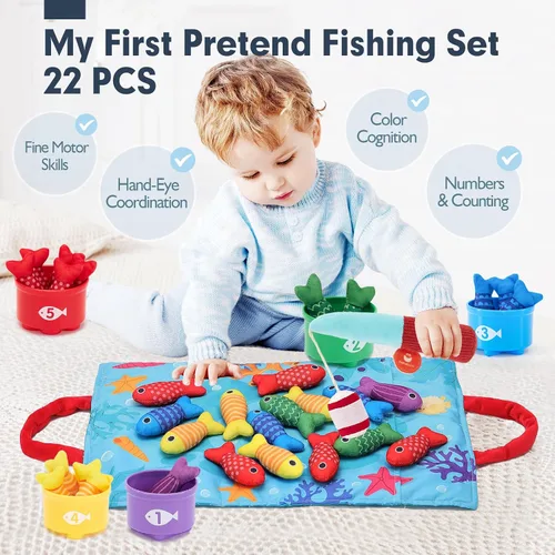 Vista 2 de hahaland Juguetes Montessori para niño de 1 año, regalo de cumpleaños, juego de pesca de tela 10 en 1, juguetes para niños pequeños con tazas