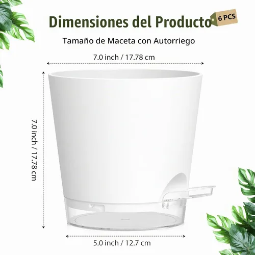 Vista 5 de Macetas de riego automático de 7 pulgadas, paquete de 6 macetas de plástico con agujeros de drenaje y platillos transparentes, macetas de plástico