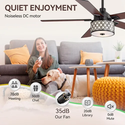 Vista 5 de 52" Farmhouse Ceiling Fans with Lights and Remote, 6-Speed Reversible DC Motor, Double-Sided 5 Blades, Timer, Indoor Ceiling Fan with Caged