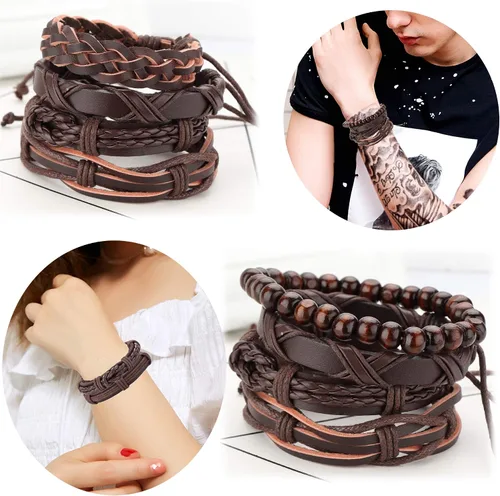 Vista 3 de Brazalete Jstyle de piel trenzada, ajustable, con cuentas de madera, envolvente, 17 unidades para hombre y mujer