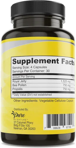 Vista 2 de Pure By Nature Suplemento de polen de abeja con propóleo y jalea real para apoyo inmunológico, propiedades antioxidantes, 120 cápsulas vegetarianas