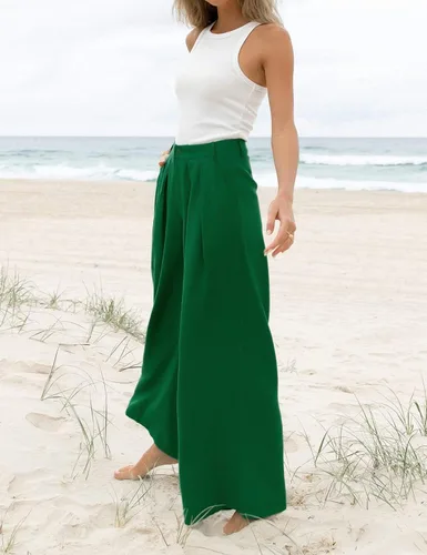 Vista 2 de Pantalones palazzo de cintura alta para mujer, estilo casual, pierna ancha, pantalones de vestir para mujer, pantalones de trabajo con bolsillos