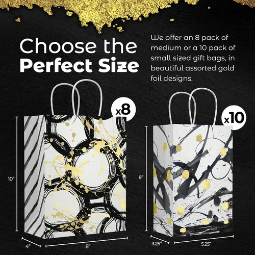 Vista 3 de HOUMY Bolsas de regalo doradas de 5.25 x 8 x 3.25 pulgadas (paquete de 10) para regalos pequeños y medianos, negro y cobre, blanco y dorado, fiesta