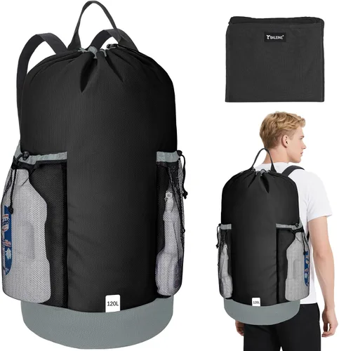 Vista 30 de BALEINE Mochila Bolsa de Lavandería de 120L, Tela Oxford 900D Bolsas Grandes de Lavandería de Viaje con Correas para el Hombro y 2 Bolsillos