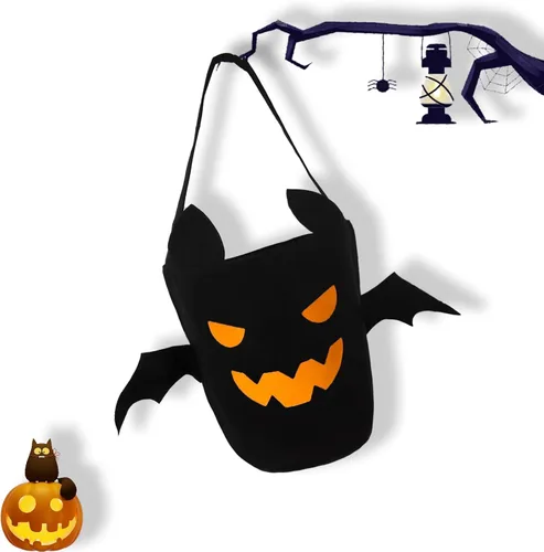 Vista 7 de Cubo de Halloween para truco o trato para niños, cesta espeluznante de murciélagos y caramelos, multiusos, portátil, reutilizable, cubo de golosinas