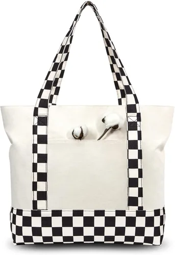 Vista 38 de TOPDesign Paquete de 1 bolsa de lona con bolsillo externo, bolsa de compras reutilizable para comestibles, cierre de cremallera superior, artículos