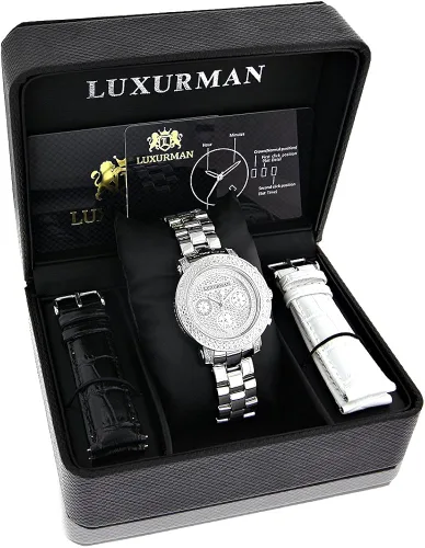 Vista 6 de LUXURMAN Juego de relojes de diamante de gran tamaño a juego para él y ella de 0.55 ct, Cronógrafo