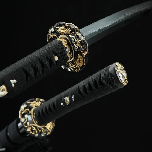 Vista 2 de Espada Katana negra de 41 pulgadas, acero de alto carbono, parte superior afilada, hecha a mano, espada samurái japonesa espiga completa
