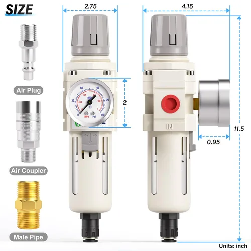 Vista 2 de TAILONZ PNEUMATIC Regulador de presión de filtro de aire de drenaje automático NPT de 1/2 pulgada Combo Piggyback, filtro compresor de herramienta