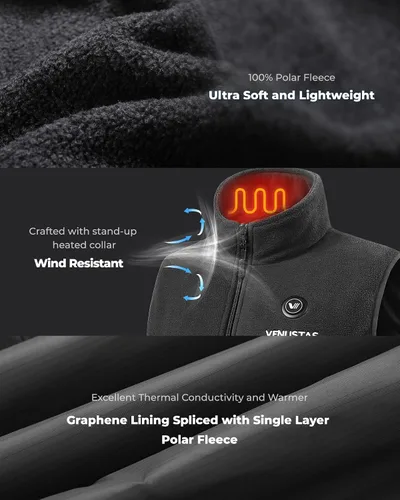 Vista 4 de Venustas Chaleco térmico de forro polar para hombre con batería, chaleco eléctrico ligero con aislamiento Negro