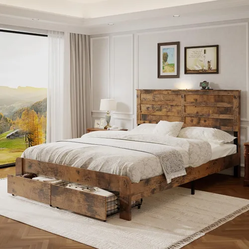 Vista 9 de Base de cama matrimonial con cabecera y almacenamiento, plataforma de madera con 2 cajones, carga USB tipo C y luces LED, no necesita somier, sin