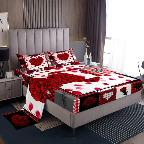 Vista 20 de Juego de sábanas femeninas de flores de rosas rojas, tamaño individual, juego de ropa de cama para el día de San Valentín, decoración de habitación