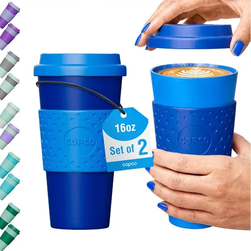 Vista 9 de Copco Acadia - Taza de viaje de 16 onzas con tapa, juego de 2 vasos aislados de doble pared, funda antideslizante y sin BPA, apta para microondas