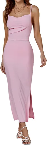 Vista 5 de LYANER Vestido midi de fiesta con tirantes delgados y abertura dividida sin mangas, cuello en V y cremallera