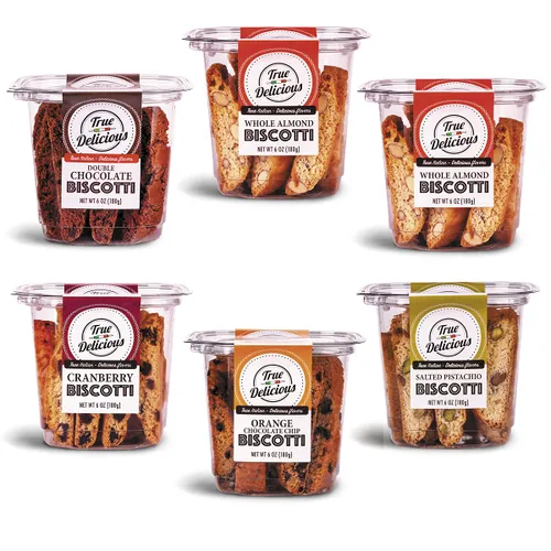 Vista 6 de True Delicious BISCOTTI, 4 cajas de diferentes sabores (almendra entera, pistacho salado, chispas de chocolate naranja, arándano), 4x6oz..