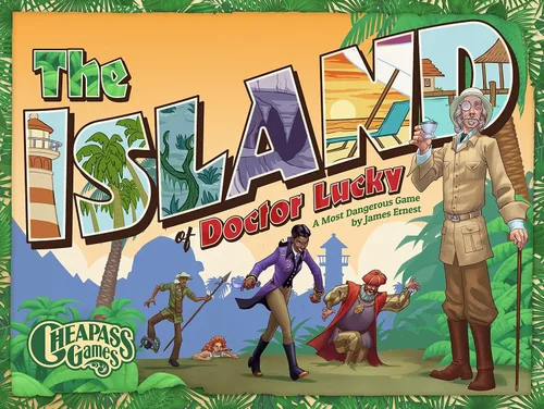 Vista 2 de Cheapass Games: The Island of Doctor Lucky, juego de mesa de estrategia, juego familiar simple, tiempo de juego de 40 minutos, 2 a 8 jugadores