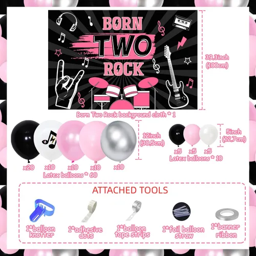 Vista 6 de 77 piezas de decoraciones de cumpleaños Born Two Rock para niñas, decoración de fiesta de segundo cumpleaños de Rock and Roll, telón de fondo de Rosa