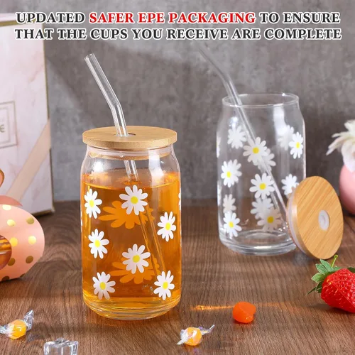 Vista 3 de Gerrii 4 vasos para beber de 16 onzas con tapas de bambú y pajita, vasos de café helado de cerveza con margaritas para cafetería, campamento