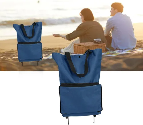 Vista 4 de Carrito de compras plegable con ruedas, reutilizable, Oxford, bolsa portátil de gran capacidad plegable para compras, viajes, campamento