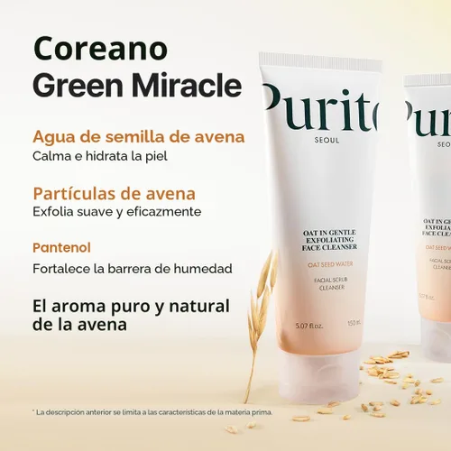 Vista 4 de Purito Limpiador facial exfoliante de avena, lavado facial diario hidratante con arcilla exfoliante suave que minimiza los poros, pantenol, agua
