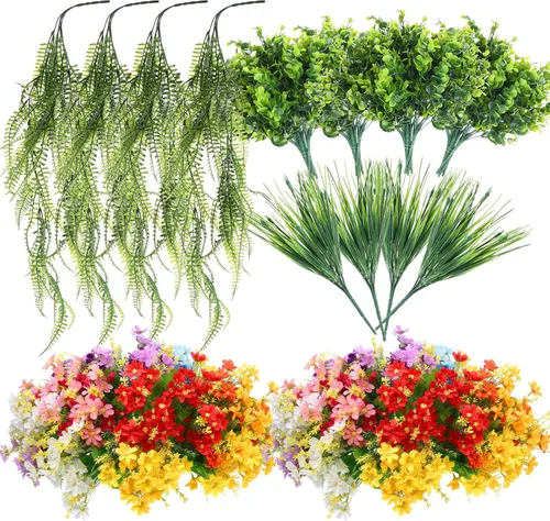 Vista 8 de Zeyune Juego de 48 plantas y flores colgantes falsas, ramo de flores de orquídeas coloridas, helecho boston, plástico, eucalipto, cesta suculenta