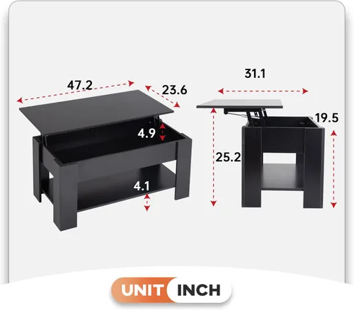 Vista 2 de BLKMTY Mesa auxiliar con mesa elevadora, mesa auxiliar multifuncional con compartimento oculto y estante de almacenamiento, mesa de centro de madera