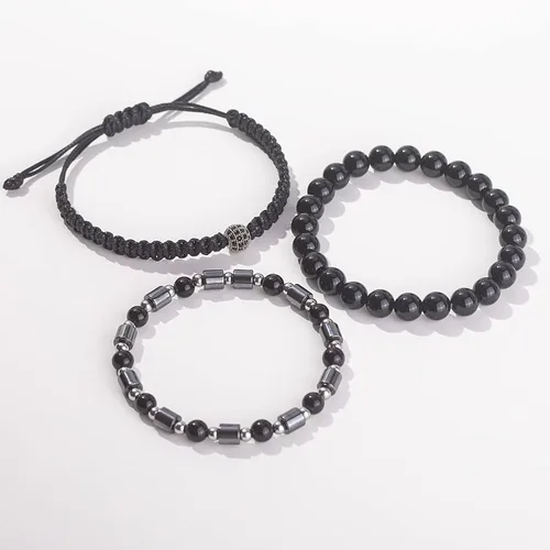 Vista 5 de Lynnaneo Juego de pulseras de cuentas para hombre de 0.315 in y 0.157 in de piedras preciosas curativas trenzadas con dije de circonita cúbica