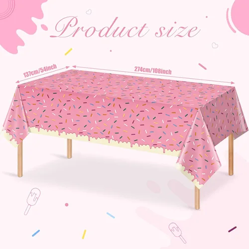 Vista 2 de 3 Piezas Mantel de Donas con Chispitas, Mantel de Mesa de Helado Rosa, Cubiertas de Mesa Rectangulares de Plástico Desechable para Niña Bebé Dulce