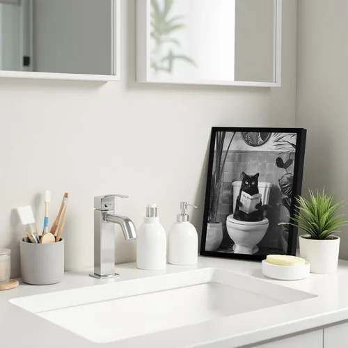 Vista 2 de SYWENNOI Arte de Pared en Lienzo Enmarcado en Blanco y Negro para Baño, Divertido Gato Negro Sentado en el Inodoro Leyendo Periódico Decoración