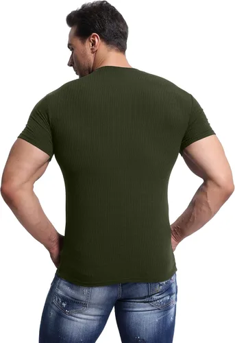 Vista 4 de Plameil Camisetas musculares elásticas de manga corta para hombre, cuello redondo, para entrenamiento de culturismo, color negro