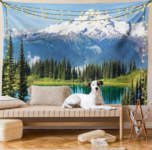 Vista 8 de Ambesonne Tapiz de paisaje, lago y pico glaciar nevado en Estados Unidos, ilustración de bosque de pinos altos, colgante de pared para dormitorio
