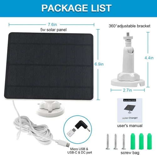 Vista 7 de Panel Solar para Cámara de Seguridad, Panel Solar USB de 5W para Cámaras DC 5V, Cargador de Panel Solar para Cámara Micro USB y USB-C y DC, Cargador
