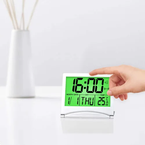 Vista 7 de Betus Reloj despertador digital de viaje con luz de fondo, calendario plegable, temporizador de temperatura, reloj LCD con modo de repetición