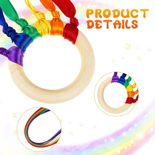 Vista 3 de Junkin Anillos de cinta de mano, juguetes Waldorf, cintas de muñeca bailarín, serpentinas de arco iris con anillo de madera, juguete educativo