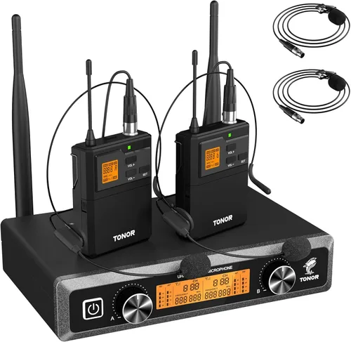 Vista 11 de TONOR Sistema de micrófono inalámbrico UHF con micrófono de auriculares/micrófono de solapa Lavalier, transmisor Bodypack, receptor recargable, 15