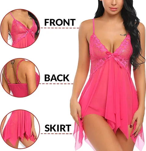 Vista 3 de Lencería para mujer con cierre frontal de encaje, camisón de malla (sin relleno), color rosa