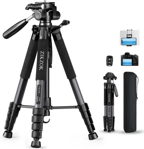 Vista 11 de Trípode de cámara de 75 pulgadas, soporte de cámara de aluminio resistente para teléfono iPad, trípode de viaje con/bolsa de transporte/soporte