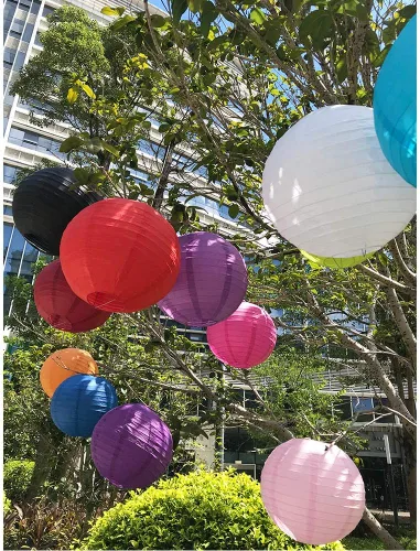 Vista 6 de BEISHIDA 16 piezas de linternas de papel multicolores, redondas y colgantes, estilo chino/japonés, para bodas, cumpleaños, baby shower, aulas