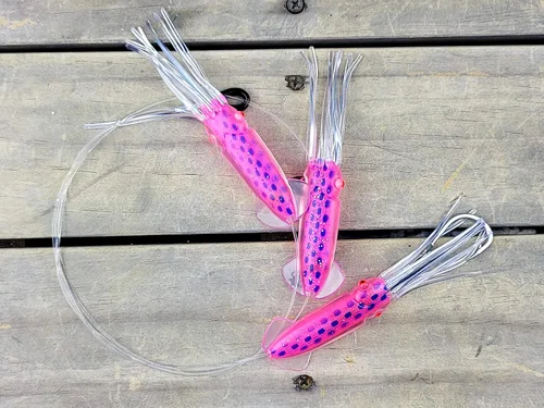 Vista 5 de Lobo Lures Cadena de calamar de cuerpo suave, color rosa y azul, caramelo de atún de 4.5 pulgadas, gran juego, pesca, margarita, señuelo de arrastre