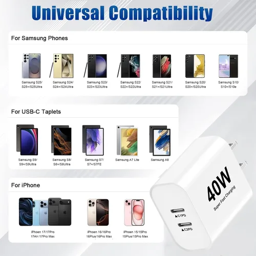 Vista 7 de Cargador rápido para iPhone 17 16 15, paquete de 2 bloques de carga rápida USB C de 40 W GaN de doble puerto con cable de carga tipo C de 10 pies