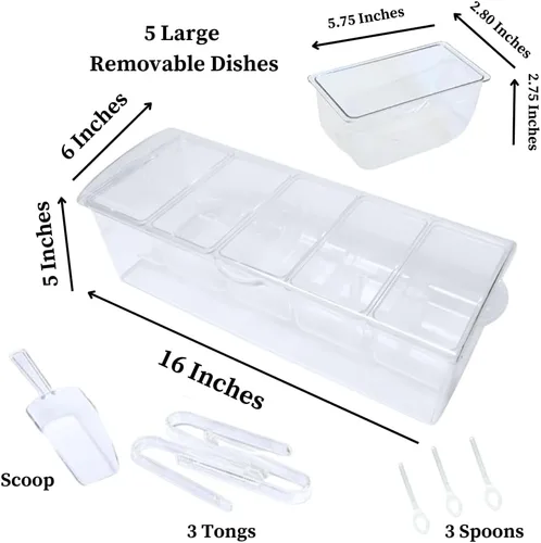 Vista 2 de Evelots Ice Chilled - Bandeja de condimentos de 5 compartimentos con tapa con bisagras, recipiente de plástico para servir para adornar, perfecto