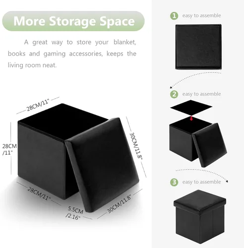 Vista 3 de B FSOBEIIALEO Cubo otomano plegable de almacenamiento con piel sintética para sala de estar, dormitorio, oficina en casa, reposapiés de Negro