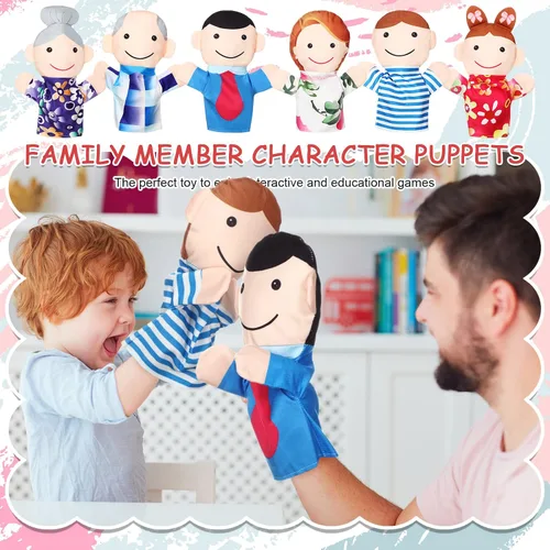 Vista 7 de 6 marionetas de mano de estilo familiar, títeres de felpa suave, para miembros de la familia, lindos juguetes de mano para profesores, padres