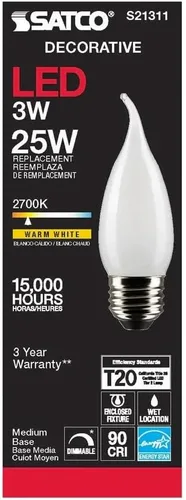 Vista 6 de Satco S21311/06 - Bombillas LED E26 de 3 W, 2700 K, clasificación de 15000 horas, regulables, paquete de 6