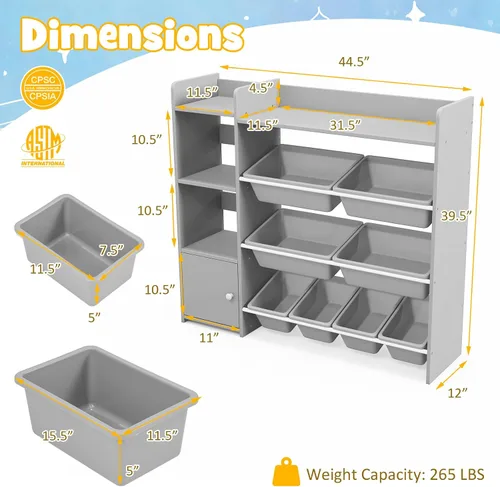 Vista 3 de GLACER Organizador de almacenamiento de juguetes para niños, estante de juguetes de 4 niveles con 8 contenedores de almacenamiento de plástico y Gris