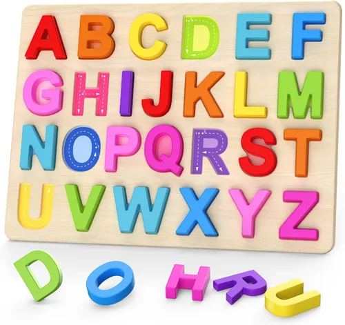 Zeoddler Rompecabezas del alfabeto, rompecabezas de madera para niños pequeños, rompecabezas con forma de ABC para niños, actividades de aprendizaje