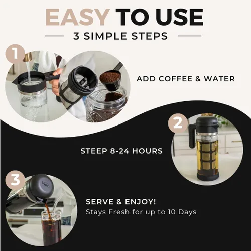 Vista 6 de VINCI Cold Brew 360, Cafetera de Café Frío de Vidrio con Tecnología de Preparación de Doble Filtro 360 Patentada, Preparación Fría para Café Helado