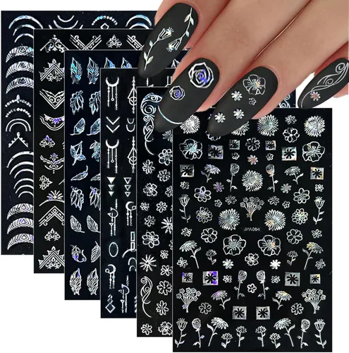 Vista 12 de 12 hojas de calcomanías de uñas doradas, calcomanías de uñas autoadhesivas 3D de metal con diseño de rayas geométricas onduladas, diseños de arte
