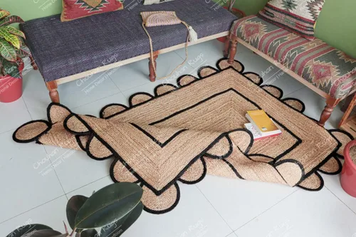 Vista 5 de Chouhan Rugs Alfombra de Área de Yute Natural Trenzada a Mano Runner Negro con Escalopes