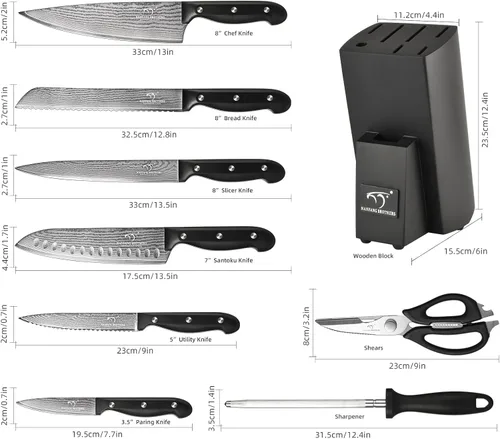 Vista 2 de NANFANG BROTHERS Juego de cuchillos de cocina de Damasco de 9 piezas, acero japonés VG10 de 67 capas, cuchillos de chef profesionales con bloque